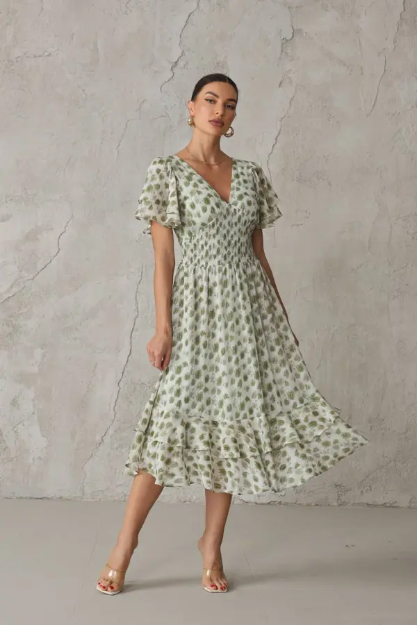 Jolie Moi Women's Frill Hem Chiffon Midi Dress in Green 