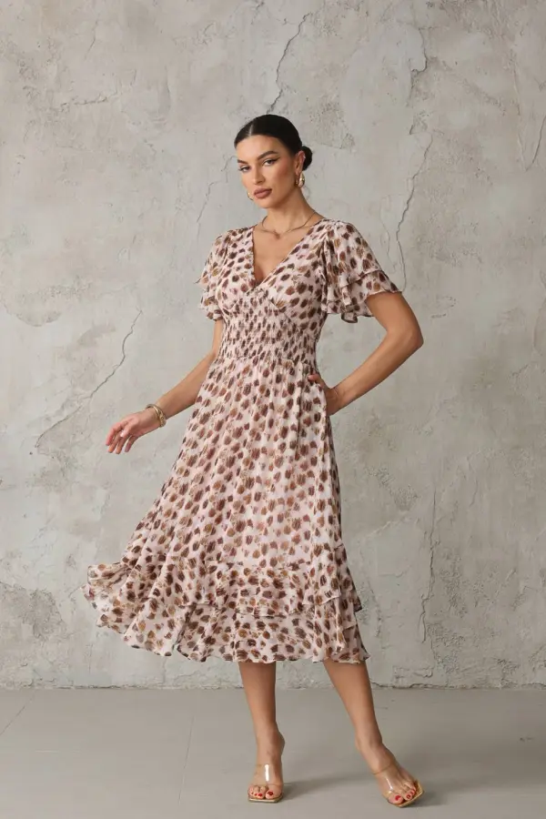 Jolie Moi Women's Frill Hem Chiffon Midi Dress in Brown 