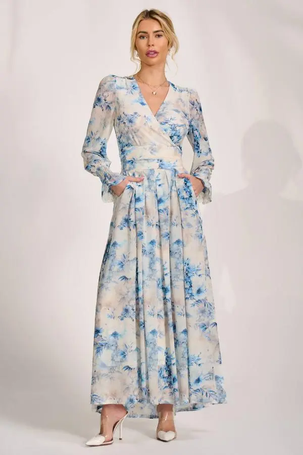 Jolie Moi Women's Long Sleeve V Neck Mesh Maxi Dress 