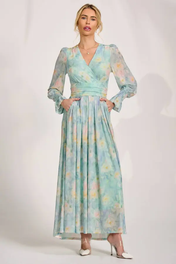 Jolie Moi Women's Long Sleeve V Neck Mesh Maxi Dress in Light Green 