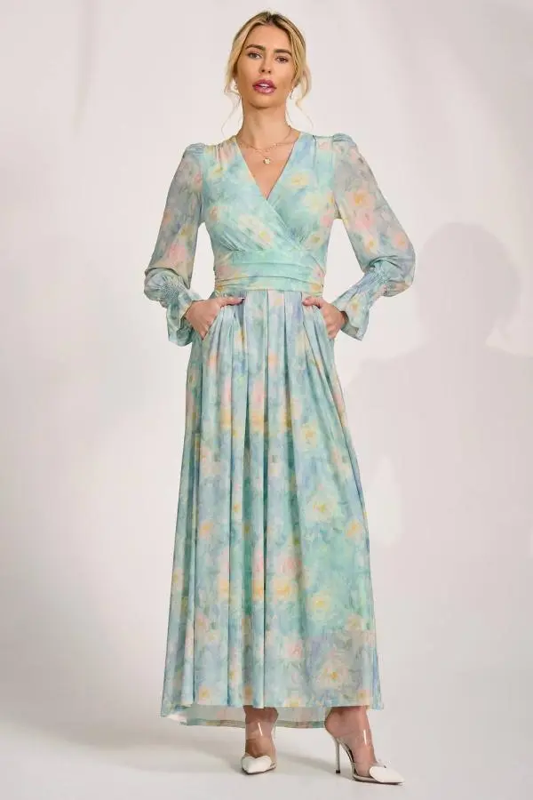 Jolie Moi Women's Long Sleeve V Neck Mesh Maxi Dress in Light Green 
