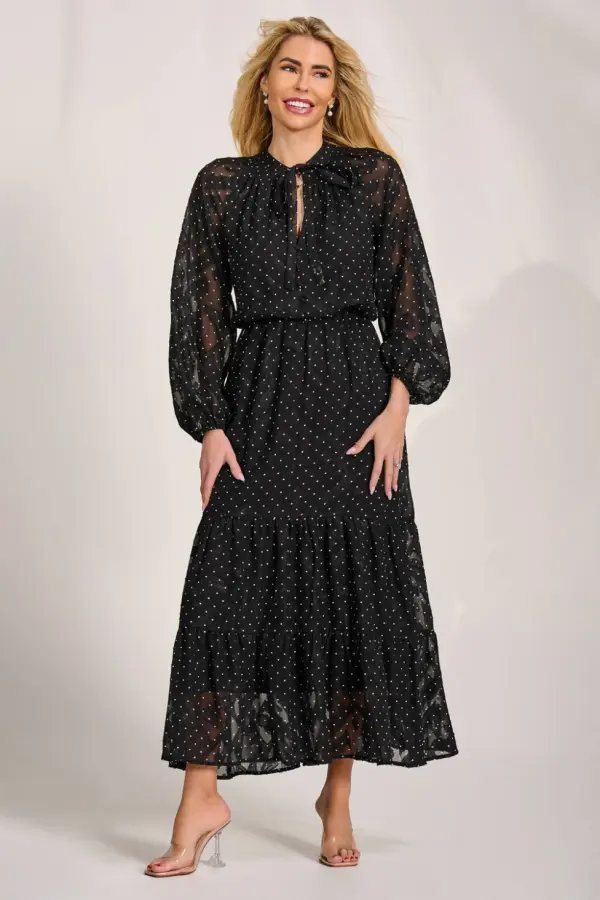 Jolie Moi Women's Textured Chiffon Long Sleeve Maxi Dress in Black 