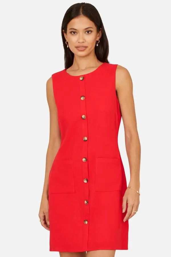 Yumi Women's Viscose Button Detail Shift Dress in Red 