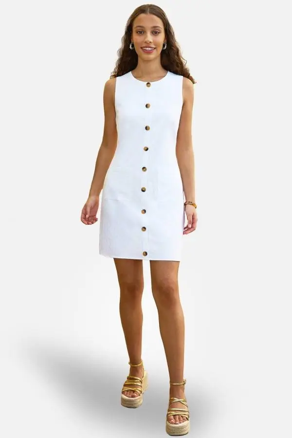 Yumi Women's Viscose Button Detail Shift Dress in White 