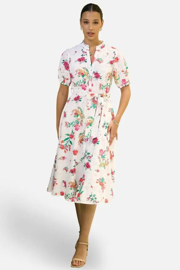 Yumi Women's White Floral Print Cotton Broderie Anglaise Midi Shirt Dress 
