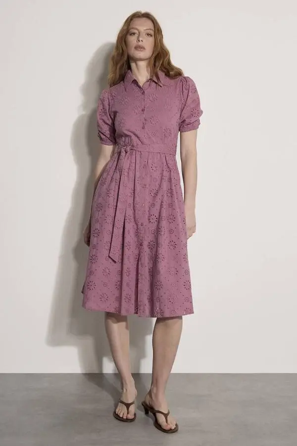 Apricot Women's Cotton Broderie Shirt Midi Dress in Burgundy 