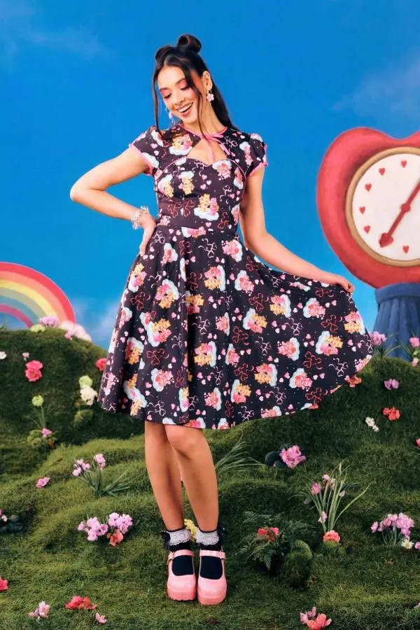 Hell Bunny Women's Care Bears Collaboration Spring Summer Tenderheart 50s Dress Black 