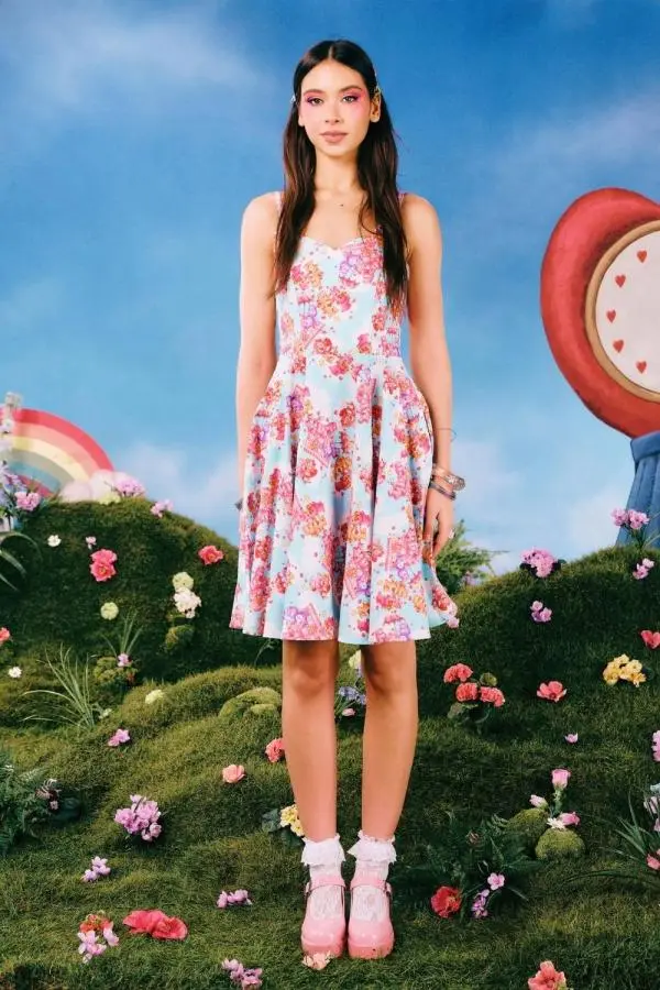 Hell Bunny Women's Care Bears Collaboration Spring Summer Picnic Bear Midi Dress Blue 