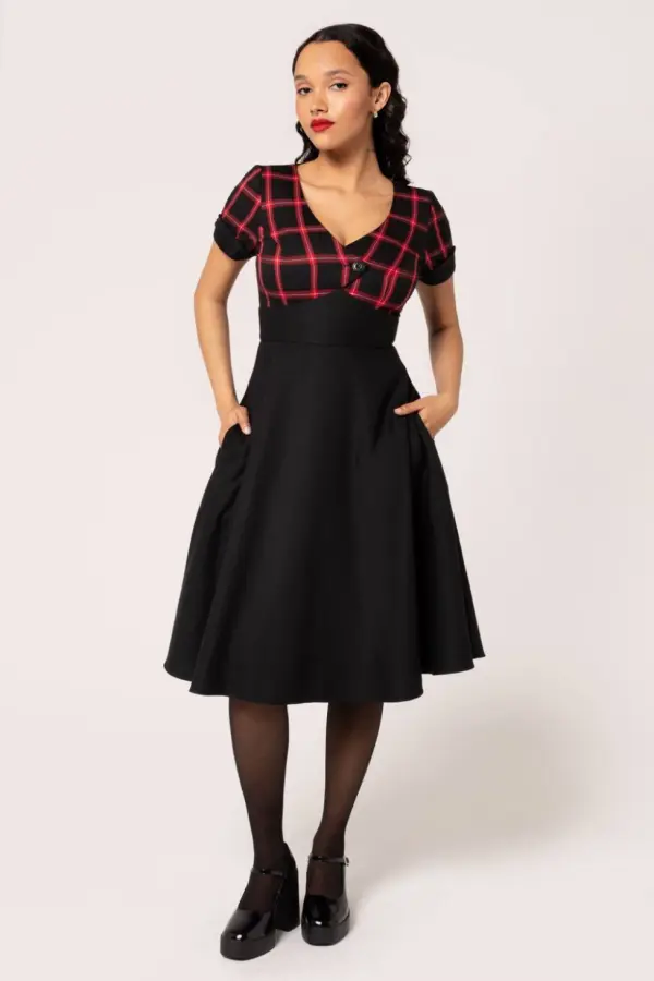 Hell Bunny Women's Janine Tartan 50s Style Fit & Flare Dress with Button Bust & Pockets 
