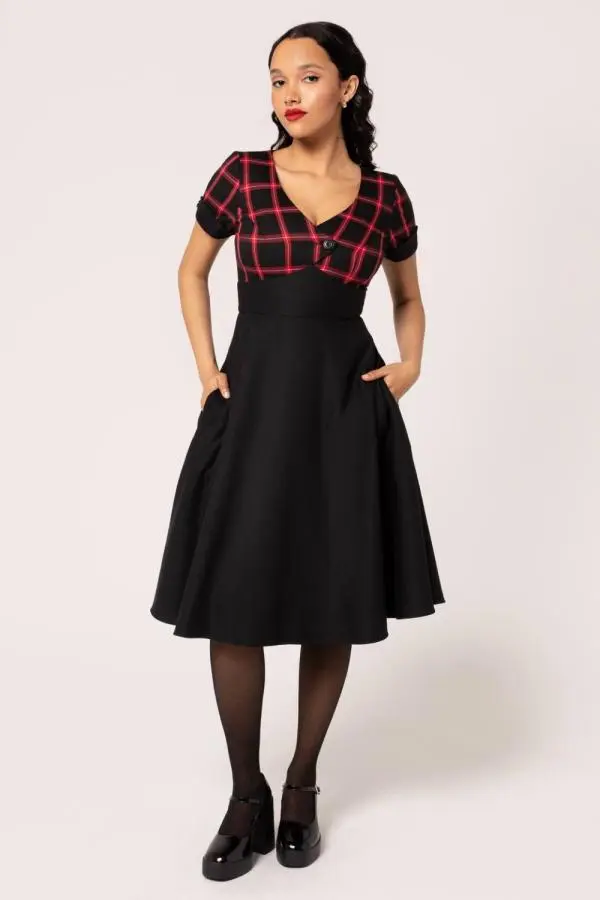 Hell Bunny Women's Janine Tartan 50s Style Fit & Flare Dress with Button Bust & Pockets 