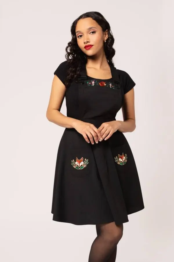 Hell Bunny Women's Basil Fox Embroidered Pinafore Mini Dress with Adjustable Straps in Black 