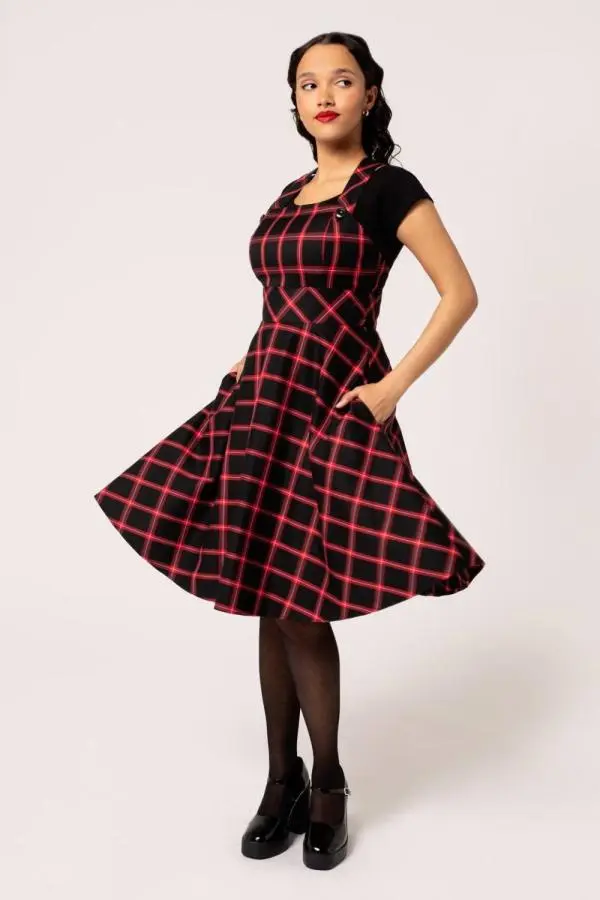 Hell Bunny Women's Janine Tartan Pinafore Dress Adjustable Cross Back Straps & Pockets