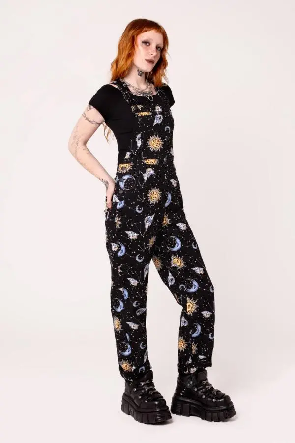 Hell Bunny Women's Solaris Black Cotton Celestial Print Stretch Dungarees 