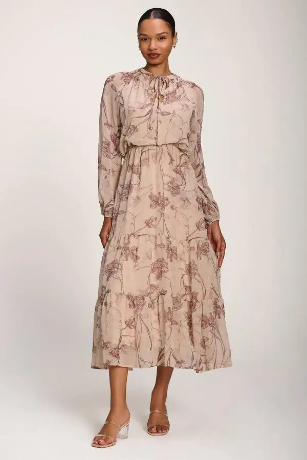 Jolie Moi Women's Chiffon Tie Neckline Maxi Dress in Light Beige 