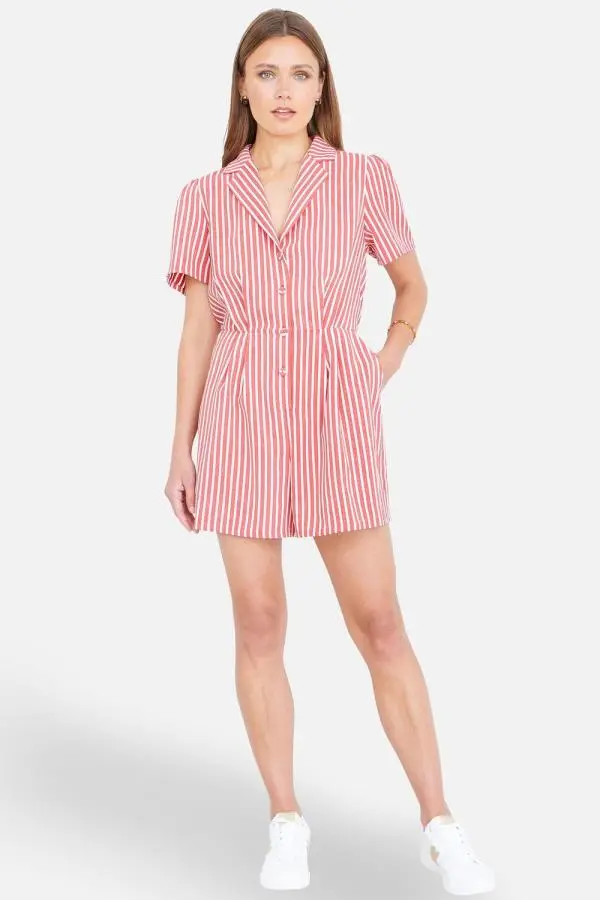 Yumi Women's Stripe Retro Playsuit in Light Red 