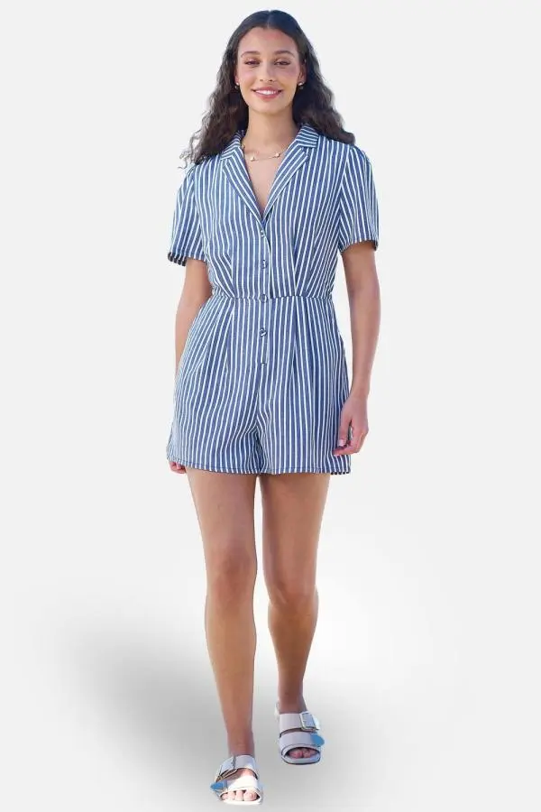 Yumi Women's Stripe Retro Playsuit in Mid Blue 