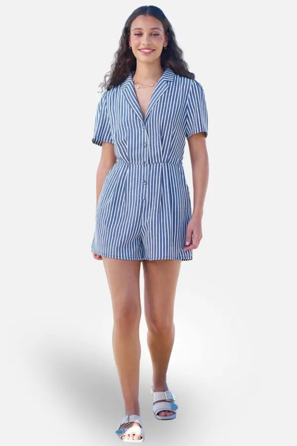 Yumi Women's Stripe Retro Playsuit in Mid Blue 