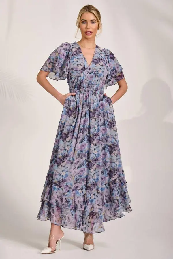 Jolie Moi Women's Chiffon Ruffle Hem Maxi Dress 