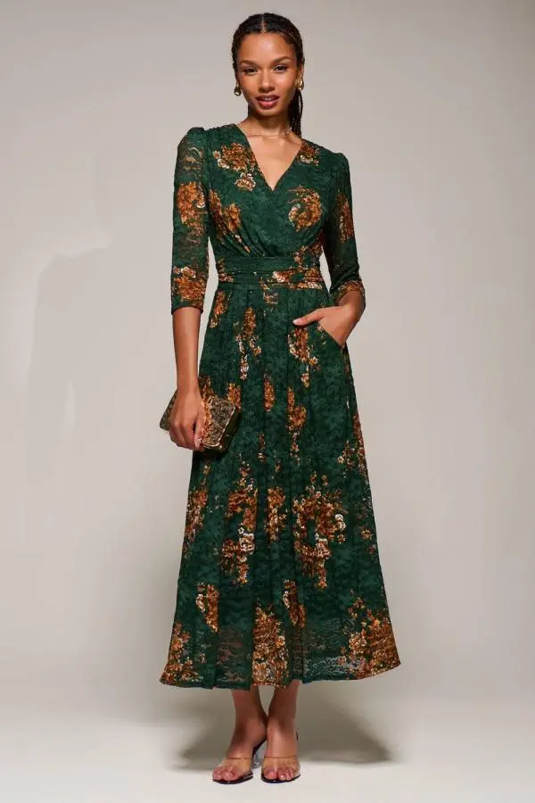 Jolie Moi Women's Three Quarter Sleeve Printed Lace Maxi Dress in Green 
