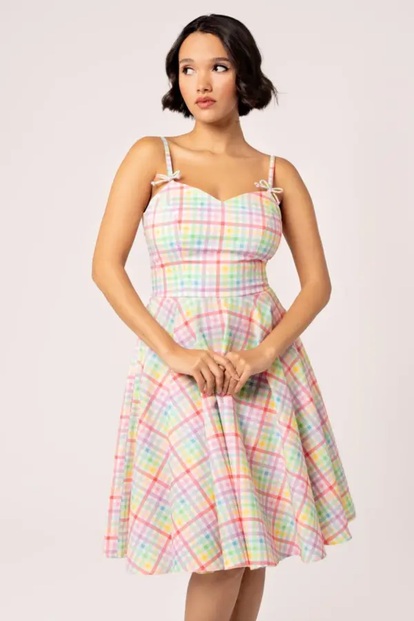 Hell Bunny Women's Suzon Pastel Rainbow Gingham 50s Style Cotton Circle Dress Pockets 