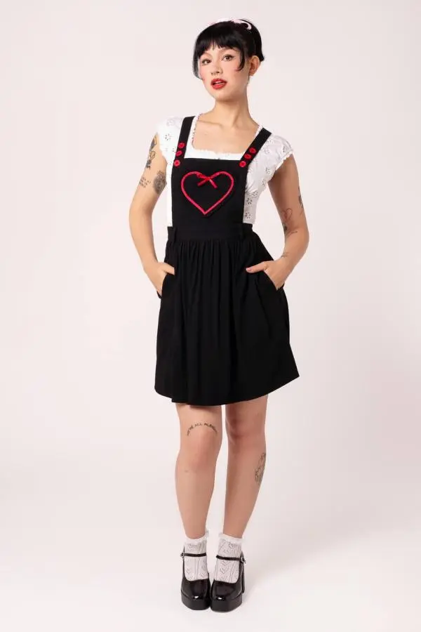 Hell Bunny Women's Lucie Heart Pocket Pinafore Mini Dress Adjustable Straps Frill Detail in Black 