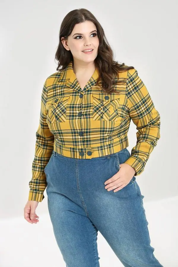 Hell Bunny Women's Mustard Tartan Cropped V-Neck Jacket With Chest Pockets Button Front