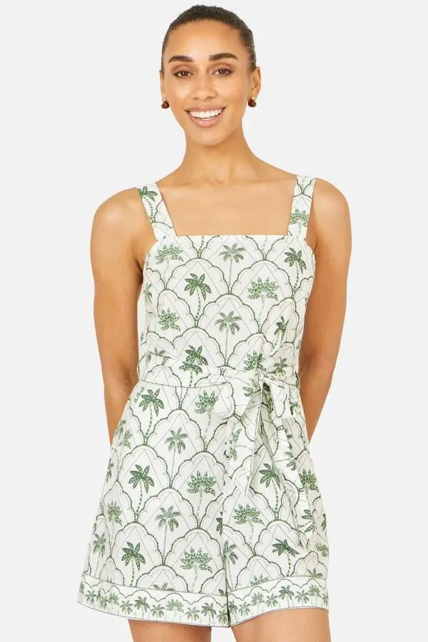 Yumi Women's White Palm Print Cotton Playsuit in Off-White 