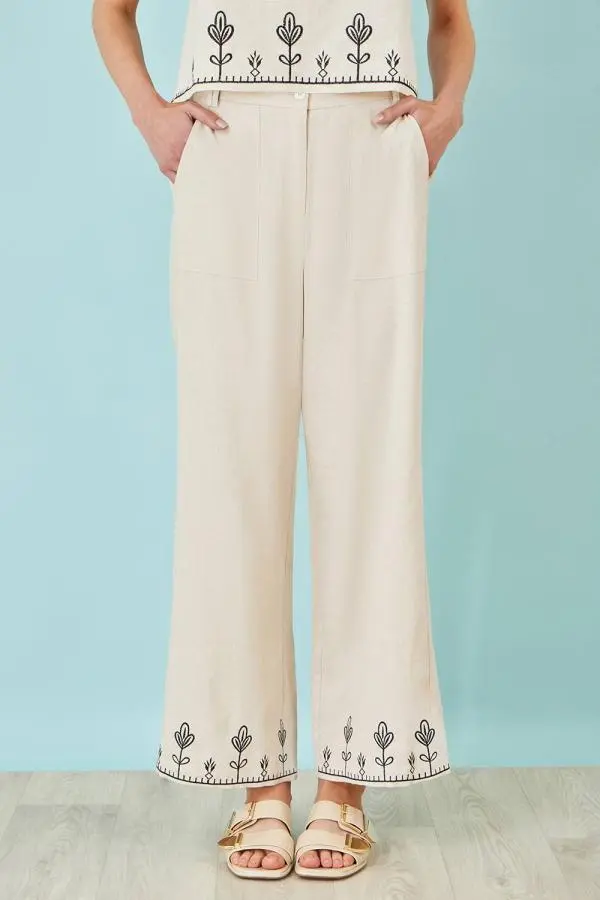 Yumi Women's Ivory Linen Mix Embroirdered Trousers 