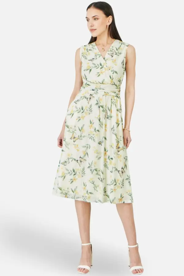Yumi Women's Floral Print Mesh Stretch Midi Dress With Pockets in Warm White 