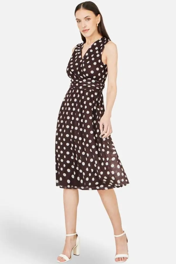 Yumi Women's Brown Polka Dot Mesh Wrap Skater Dress With Pockets in Chocolate 