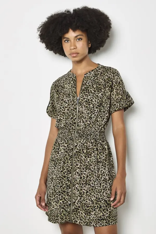 Apricot Women's Leopard Print Zip-Down Mini Dress in Khaki 