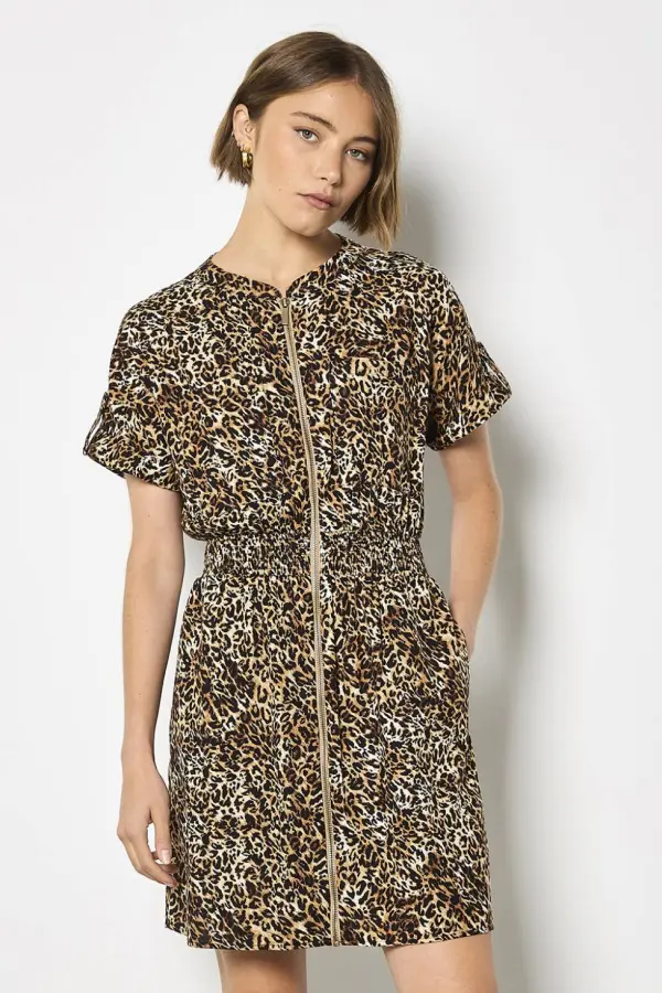 Apricot Women's Leopard Print Zip-Down Mini Dress in Brown 