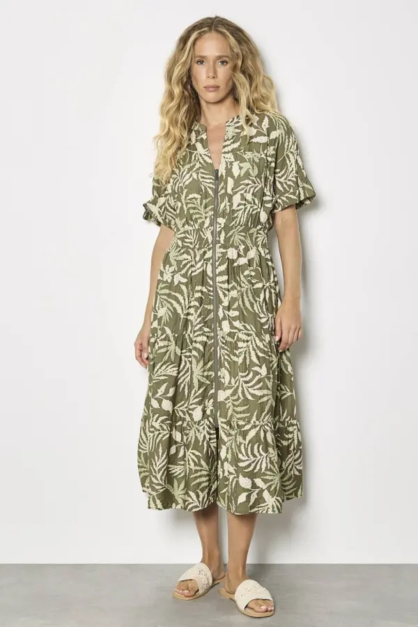 Apricot Women's Tropical Leaf Zip-Down Midi Dress in Khaki 