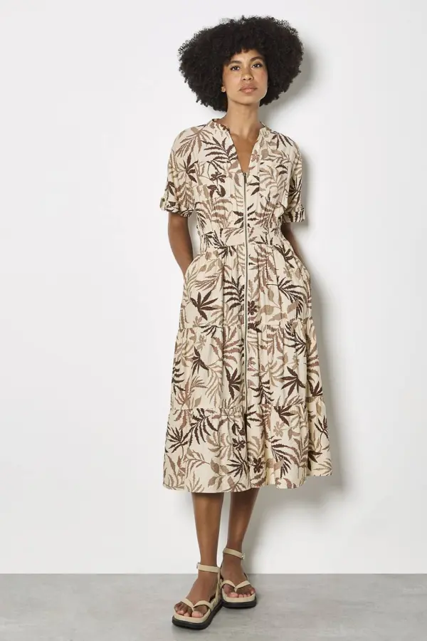 Apricot Women's Tropical Leaf Zip-Down Midi Dress in Stone 