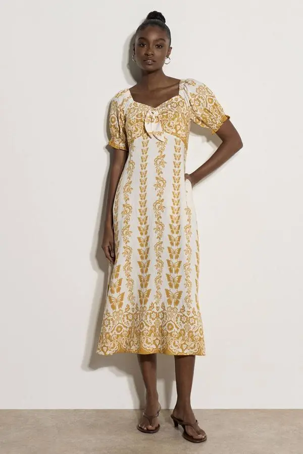 Apricot Women's Butterfly Border Print Midi Dress in Mustard 