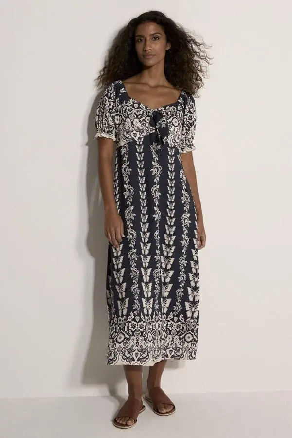 Apricot Women's Butterfly Border Print Midi Dress in Navy 