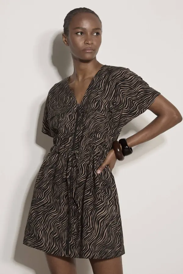 Apricot Women's Zebra Print Zip-Down Mini Dress in Black 