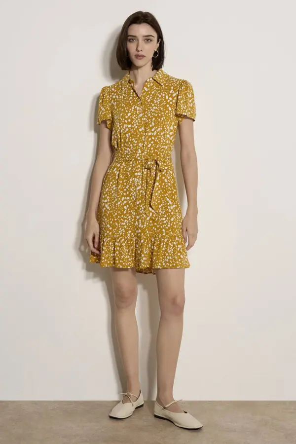 Apricot Women's Scattered Squares Shirt Mini Dress in Mustard 