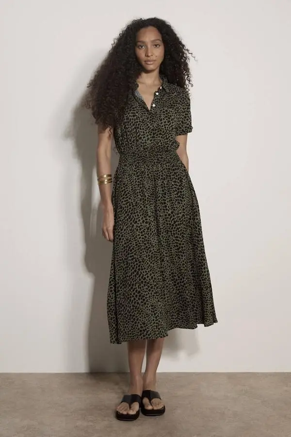 Apricot Women's Animal Spot Print Shirt Midi Dress in Khaki 