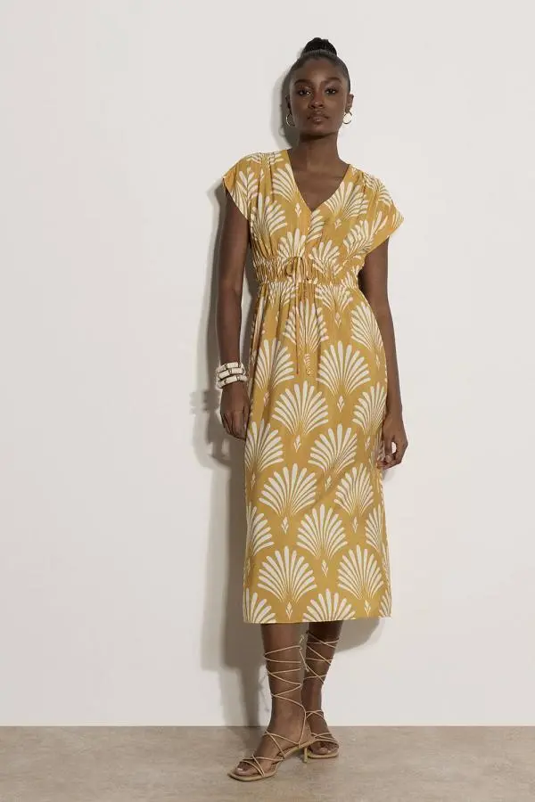 Apricot Women's Fan Print Midaxi Dress in Mustard 