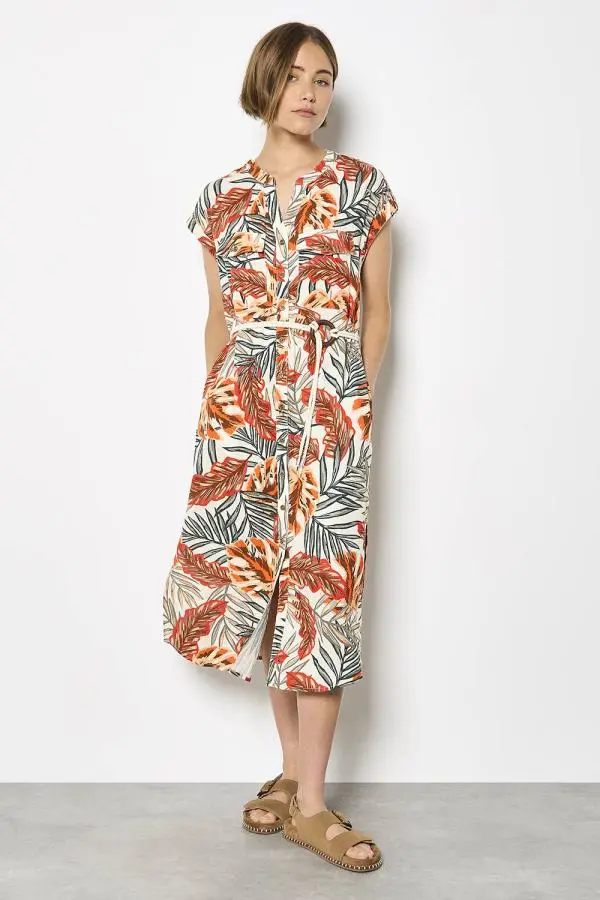Apricot Women's Tropical Leaf Linen Blend Shirt Midi Dress in Khaki 