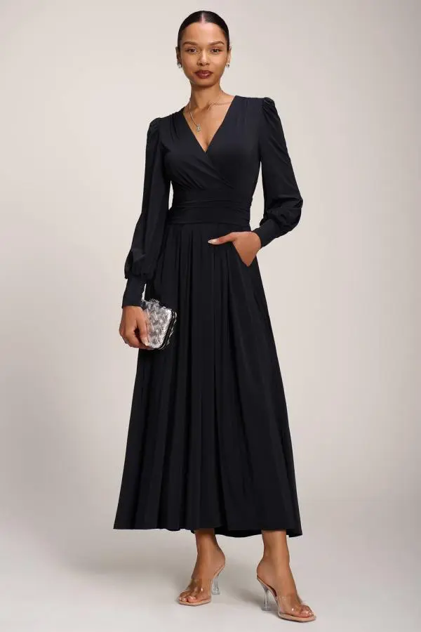 Jolie Moi Women's Long Sleeve Soft Jersey Maxi Dress in Black 
