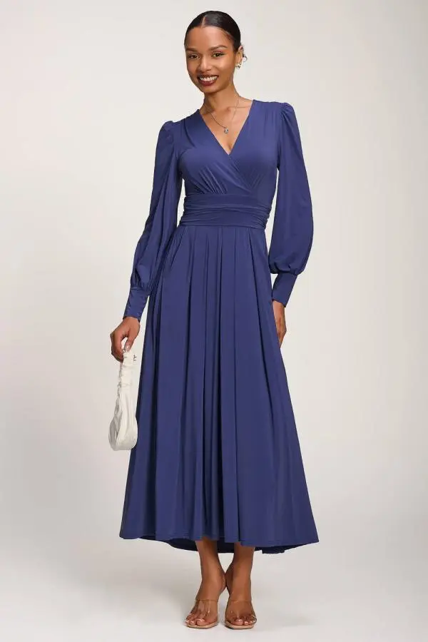 Jolie Moi Women's Long Sleeve Soft Jersey Maxi Dress in Navy 