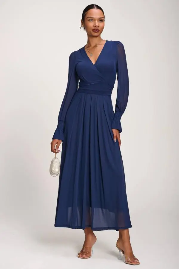 Jolie Moi Women's Long Sleeve Mesh Maxi Dress in Navy 