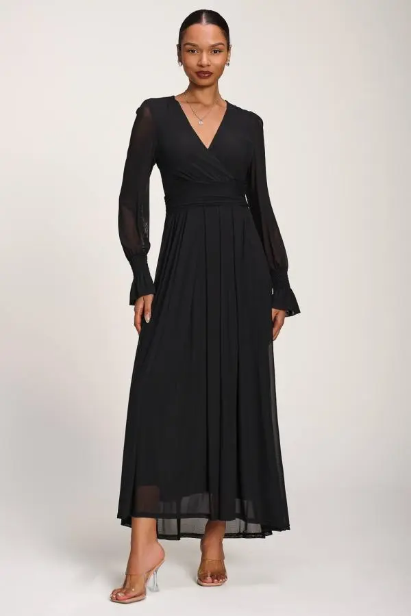Jolie Moi Women's Long Sleeve Mesh Maxi Dress in Black 