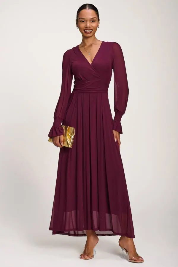 Jolie Moi Women's Long Sleeve Mesh Maxi Dress in Purple 