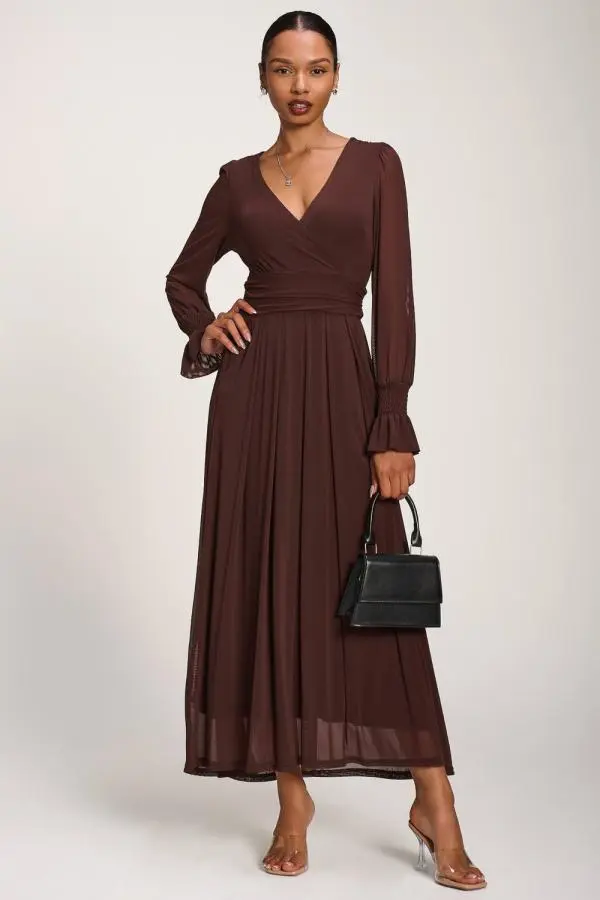Jolie Moi Women's Long Sleeve Mesh Maxi Dress in Brown 
