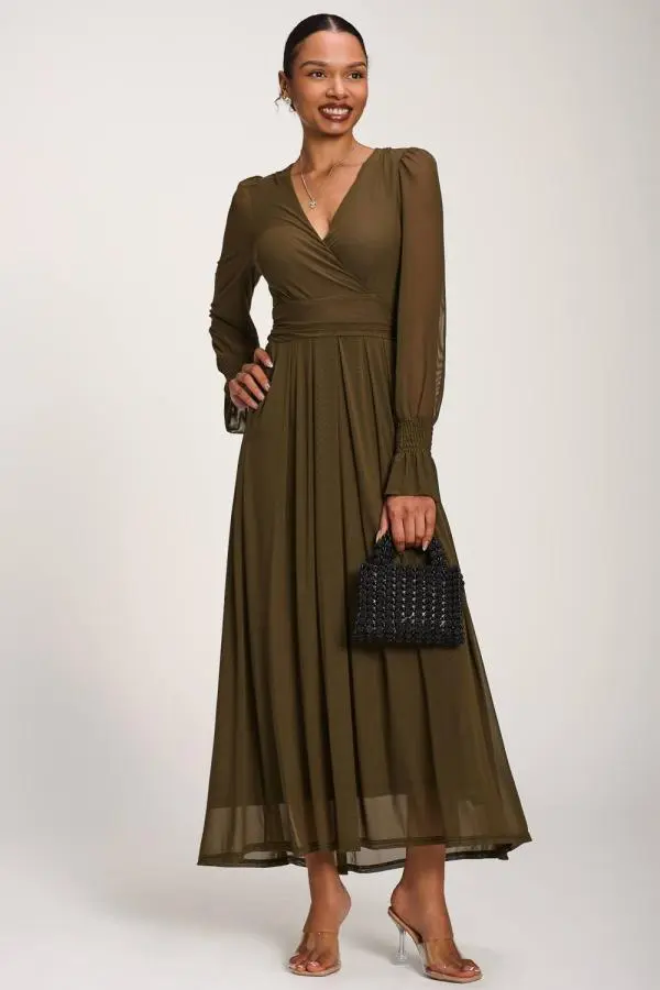 Jolie Moi Women's Long Sleeve Mesh Maxi Dress in Dark Olive 