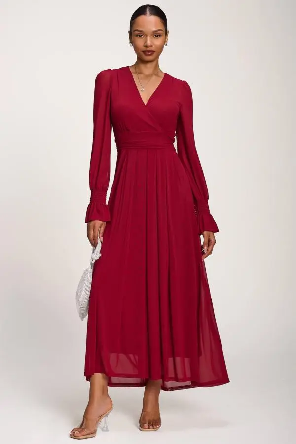 Jolie Moi Women's Long Sleeve Mesh Maxi Dress in Dark Red 