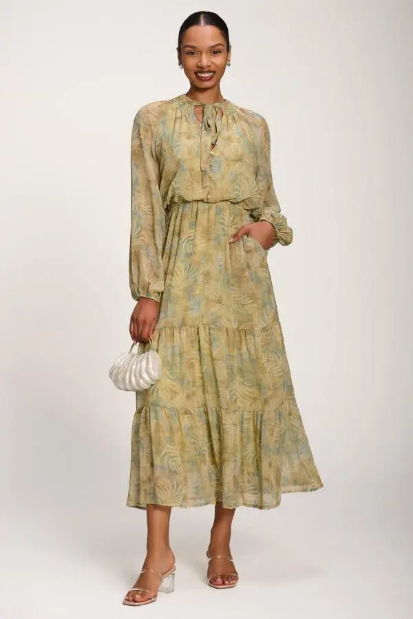 Jolie Moi Women's Chiffon Tie Neckline Maxi Dress in Olive 